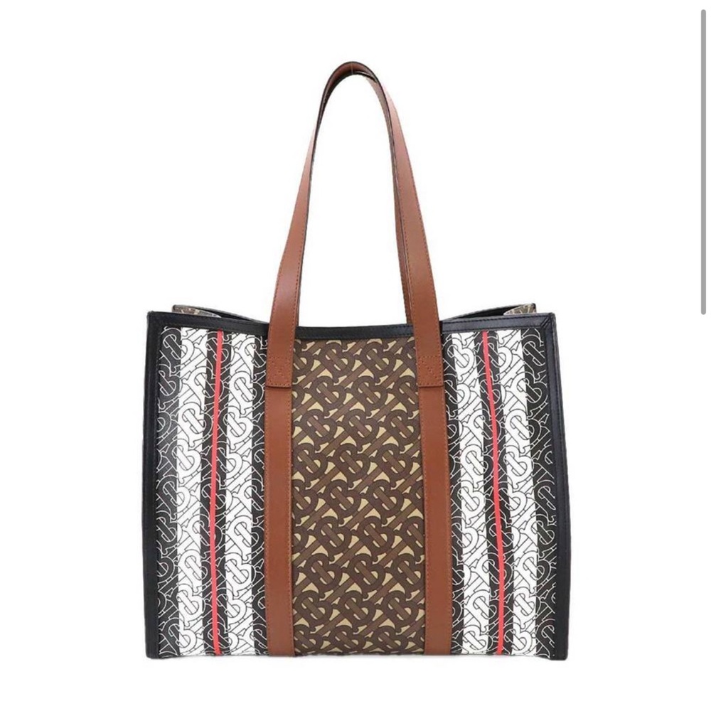 Burberry Monogram Stripe Leather Brown Black White 8019383 Travel Tote Bag - Picture 2 of 9